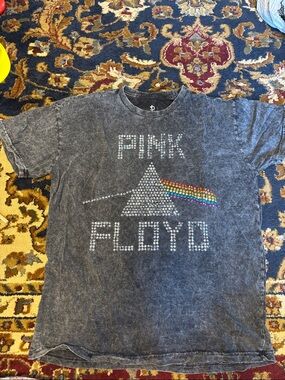 Pink Floyd Black Mineral-Wash Tee with Rhinestone Logo and Rainbow Prism